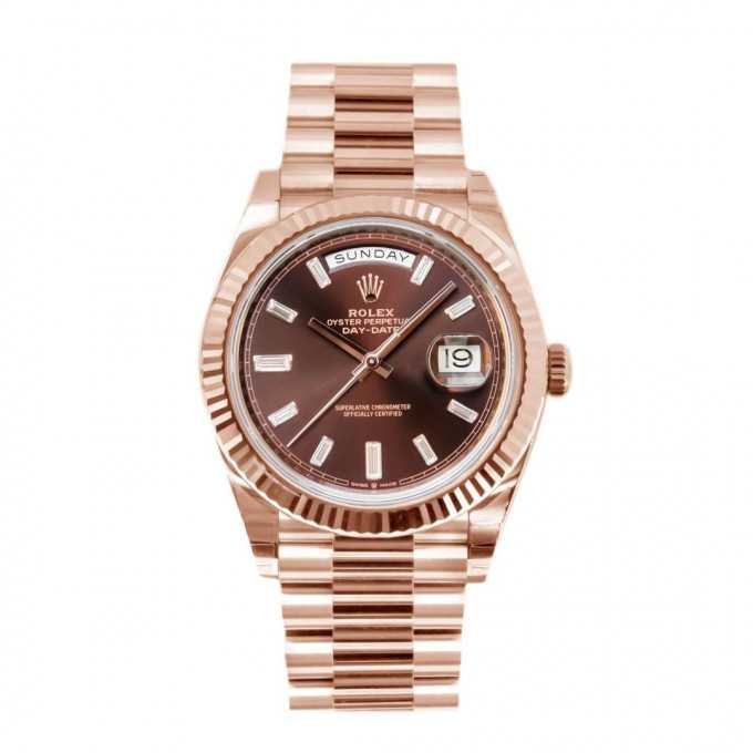 Rolex Day-Date 40 Everose Gold Chocolate Baguette Dial – Montre Homme