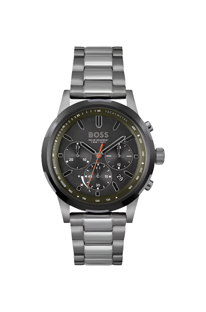 MONTRE CHRONOGRAPHE EN ACIER PLAQUÉ GRIS AVEC BRACELET À MAILLONS – Montre Homme