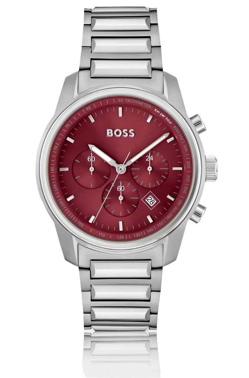 Boss Montre chronographe à cadran bordeaux et bracelet à maillons – Montre Homme