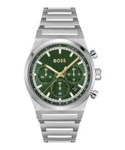 Montre chronographe à cadran vert en acier argenté – Montre Homme