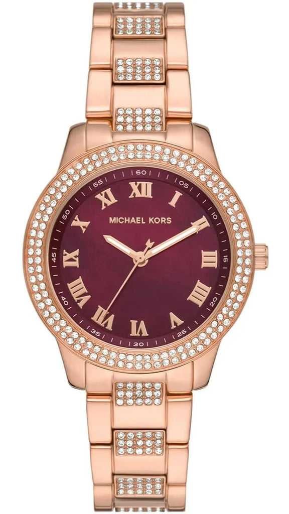 Montre MK Tibby Multifunction Crystals Maroon Dial Rose Gold Steel Strap Watch for Women - MK4685 – Montre Femme