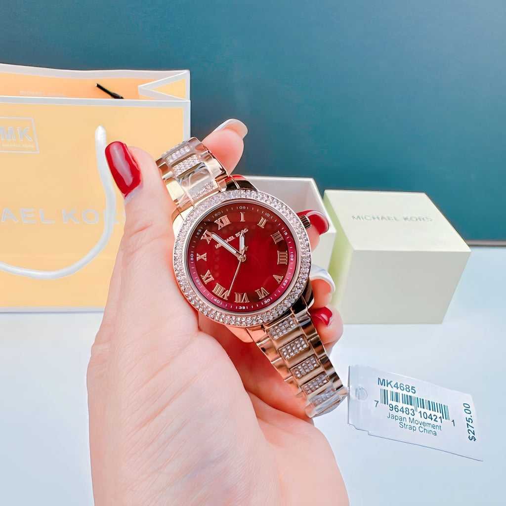 Montre MK Tibby Multifunction Crystals Maroon Dial Rose Gold Steel Strap Watch for Women - MK4685 – Montre Femme – Image 8
