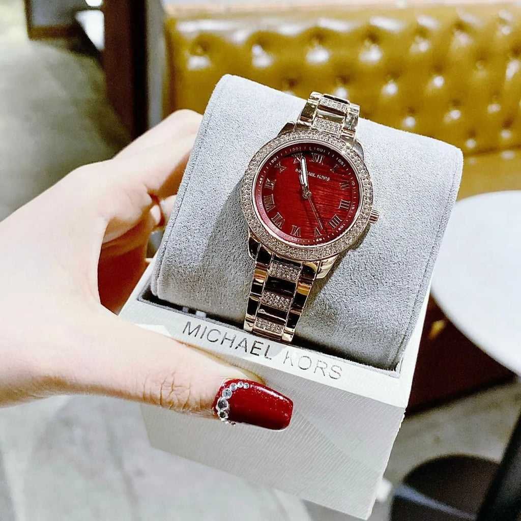 Montre MK Tibby Multifunction Crystals Maroon Dial Rose Gold Steel Strap Watch for Women - MK4685 – Montre Femme – Image 9