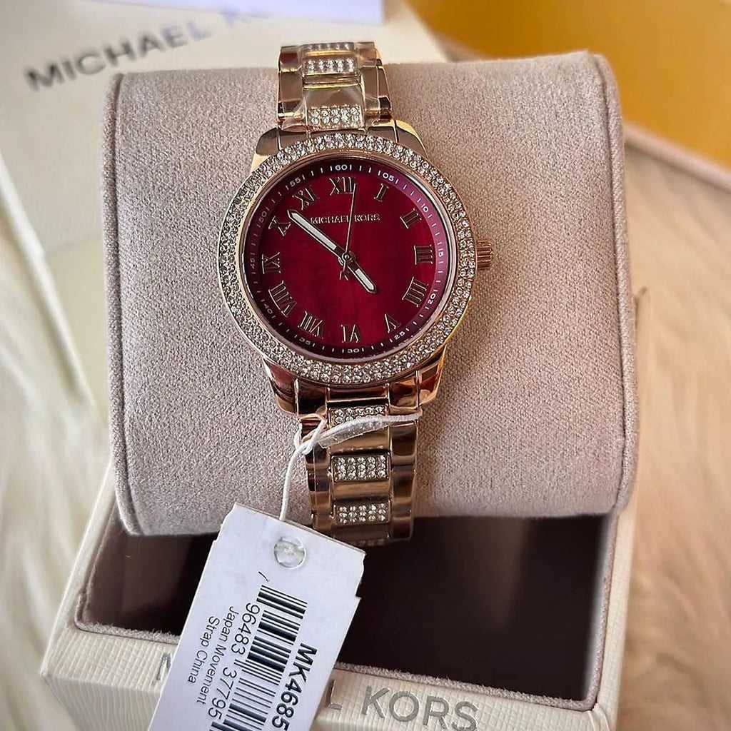 Montre MK Tibby Multifunction Crystals Maroon Dial Rose Gold Steel Strap Watch for Women - MK4685 – Montre Femme – Image 11