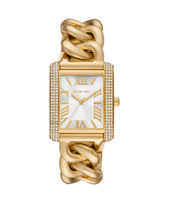 MK Montre Emery surdimensionnée dorée à maillons gourmette et à pavé – Montre Femme