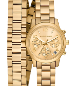 Montre chronographe analogique Michael Kors Runway avec cadran doré et bracelet en acier doré pour femme - MK7452